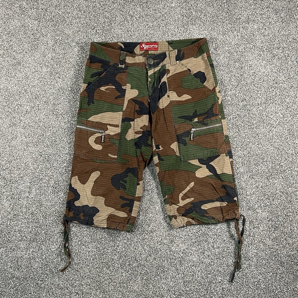 Spacegirl Womens Size 1 Camo Cargo Capri Pants Y2K Zip Pocket Drawstring